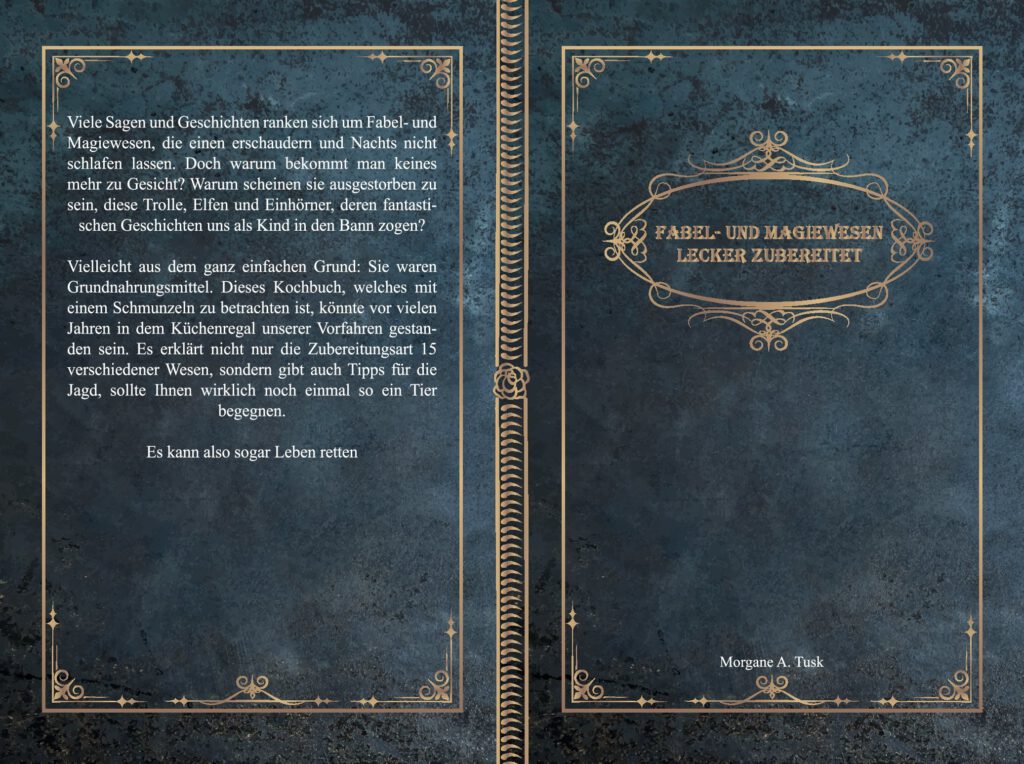 Cover des Buches. Blaugrauer Hintergrund, goldene Schrift und Ornament