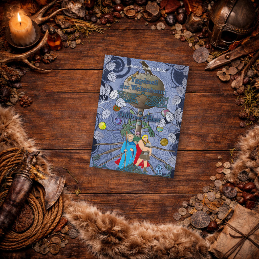 Buch „Yggdrasil – Der Weltenbaum: Odin und Thor“, über nordische Götter, präsentiert auf einem rustikalen Wikinger-Tisch mit Fell, Axt und Helm.