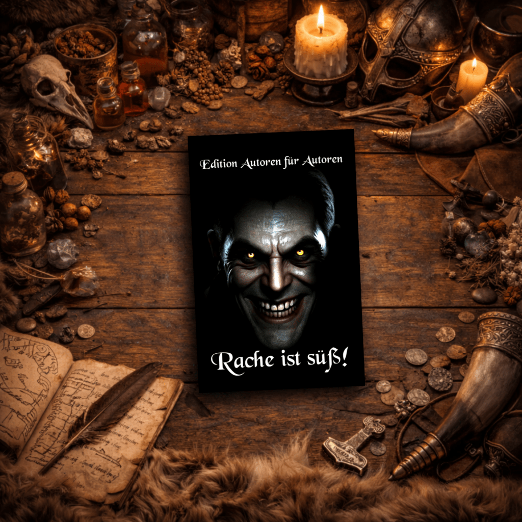Buch „Rache ist süß!“ aus der Edition Autoren für Autoren liegt auf einem rustikalen Holztisch, umgeben von Kerzen, Münzen, Runen, Hörnern und nordisch anmutenden Gegenständen.