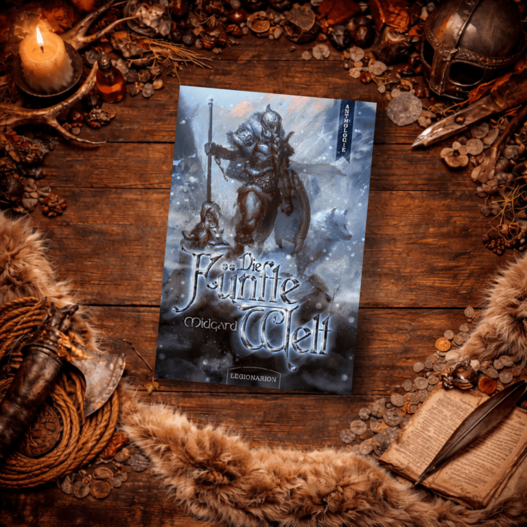 Das Buch „Die fünfte Welt – Midgard“ liegt auf einem hölzernen Tisch im Wikingerstil, umgeben von Fell, Münzen, Helm, Axt und einer brennenden Kerze.