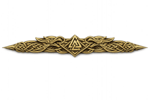 Horizontale nordische Flechtornament-Gravur mit Valknut-Symbol in der Mitte, goldfarben auf schwarzem Hintergrund.