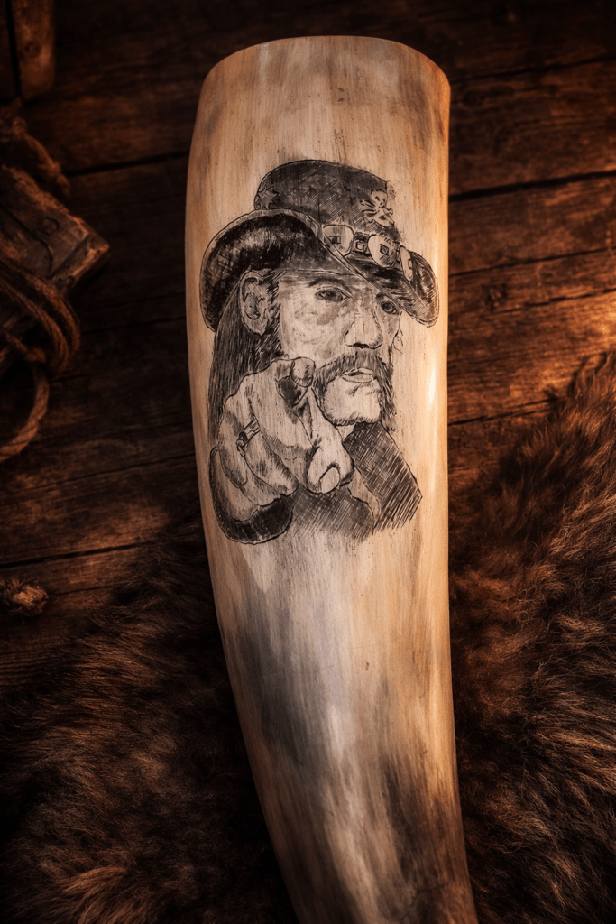 Handgraviertes Trinkhorn mit Porträt von Lemmy Kilmister, der mit ausgestrecktem Finger auf den Betrachter zeigt.