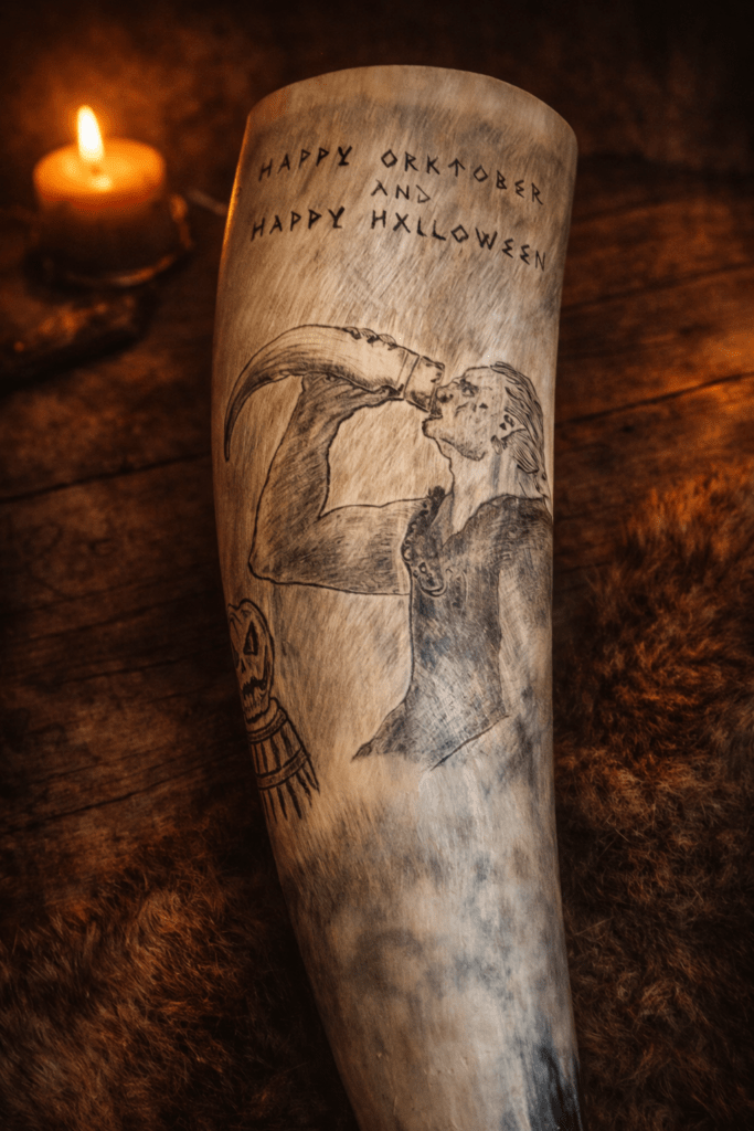 Handgraviertes Trinkhorn mit Darstellung eines Orks, der aus einem Trinkhorn trinkt, darüber Runenschrift mit der Aufschrift „Happy Orktober and Happy Halloween“