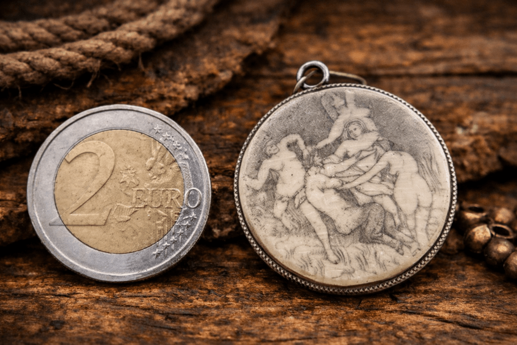 Scrimshaw-Anhänger mit Gravur einer mythologischen Szene, neben einer 2-Euro-Münze zum Größenvergleich.