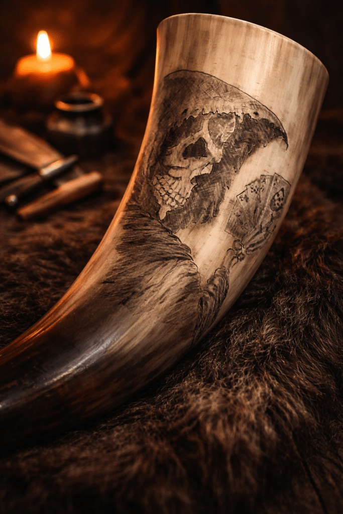 Handgraviertes Trinkhorn mit Motiv eines Sensenmanns, der Spielkarten mit Totenkopf-Symbolen in der Hand hält.