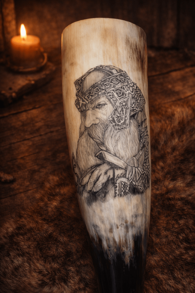 Handgraviertes Trinkhorn mit Porträt eines bärtigen Zwergs mit reich verzierter Helmhaube und geflochtenem Bart.