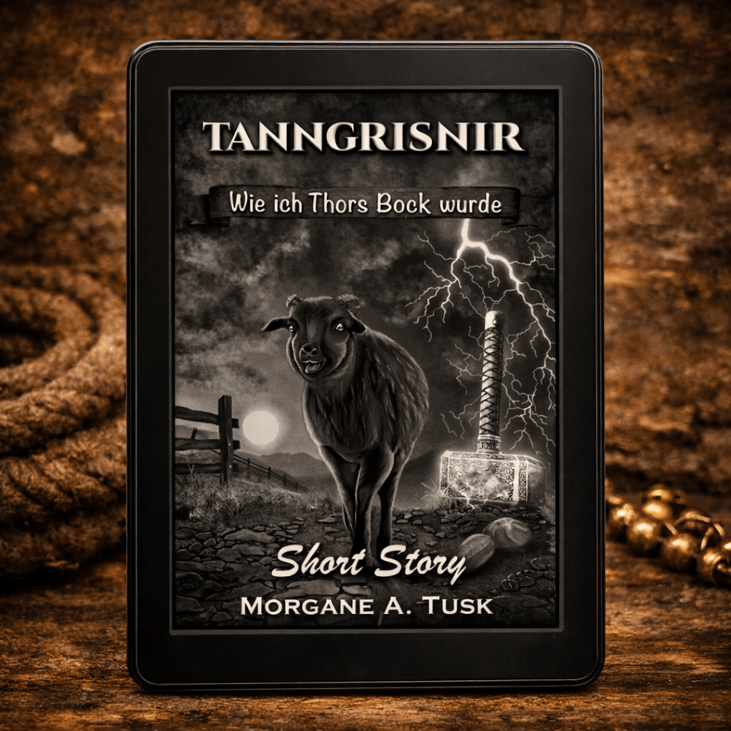 E-Book-Cover „Tanngrisnir – Wie ich Thors Bock wurde“ mit schwarzem Ziegenbock vor Gewitterhimmel und Thors Hammer im Hintergrund.
